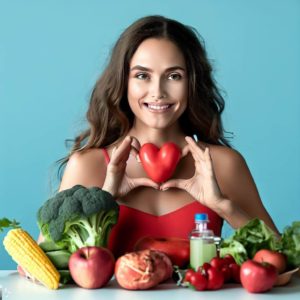 Woman Surrounded by Hearth Healthy Veggies