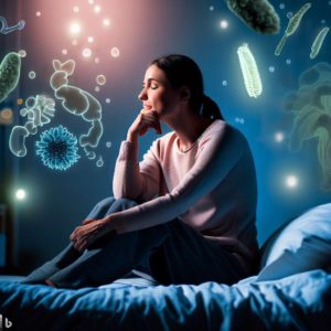 Woman fully dressed sitting on bed thinking about how chronic illness is often connected with a microbiome