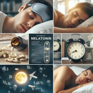 A conglomeration of squares showing photos of men asleep, the moon, a bottle of pills, a clock and a diagram of melatonin molecules in te pills.