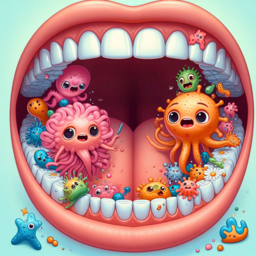Wide open mouth with tiny cute octopi looking creatures representing microbiome in the oral/mouth.