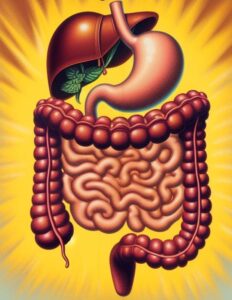 Illustrationof Upper and Lower intestines along with stomach and liver.