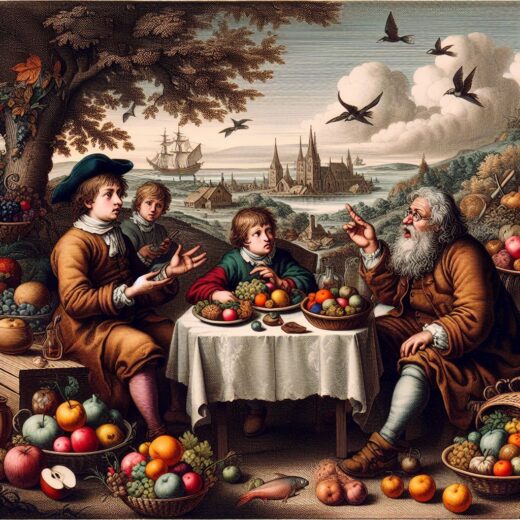18th century painting by AI wiseman discussing food with younger generation.