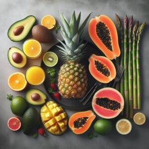 Avocados, Pineapple, Papaya, Kiwi, and Asparagus