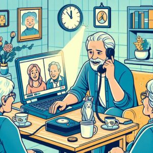 Video chats improve cognition in older adults. Image shows 3 cartoony older couples chatting on computer 