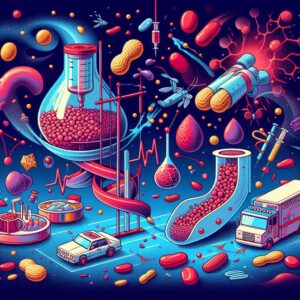 peanut allergy themed colorful, lab tubes, slides and peanuts floating about