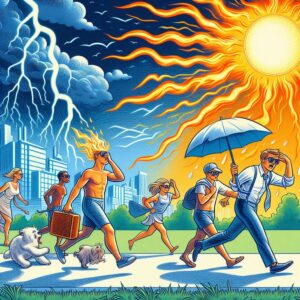 Illustration showing people walking on sidewalk with sun protection - umbrellas and a fiery hot sun in the sky
