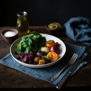 Photo-realistic image of a plate of food - with shrimp, leafy greens and roasted vegatible 