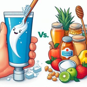 On the left a Tube of ToothPaste vs. sugar or honey and whole foods on the right.